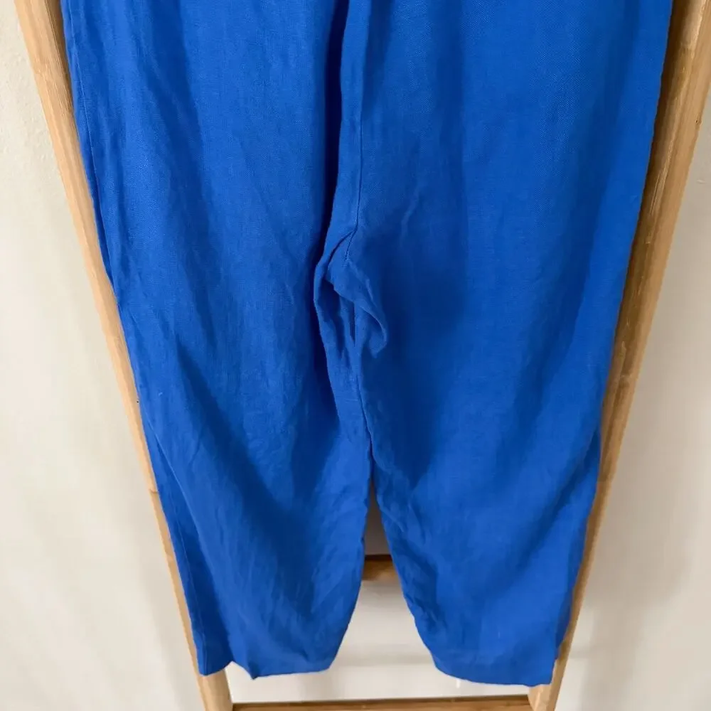 Mango 100% Linen Blue Elastic Back Slim Crop Pants Women US 4 EU 36